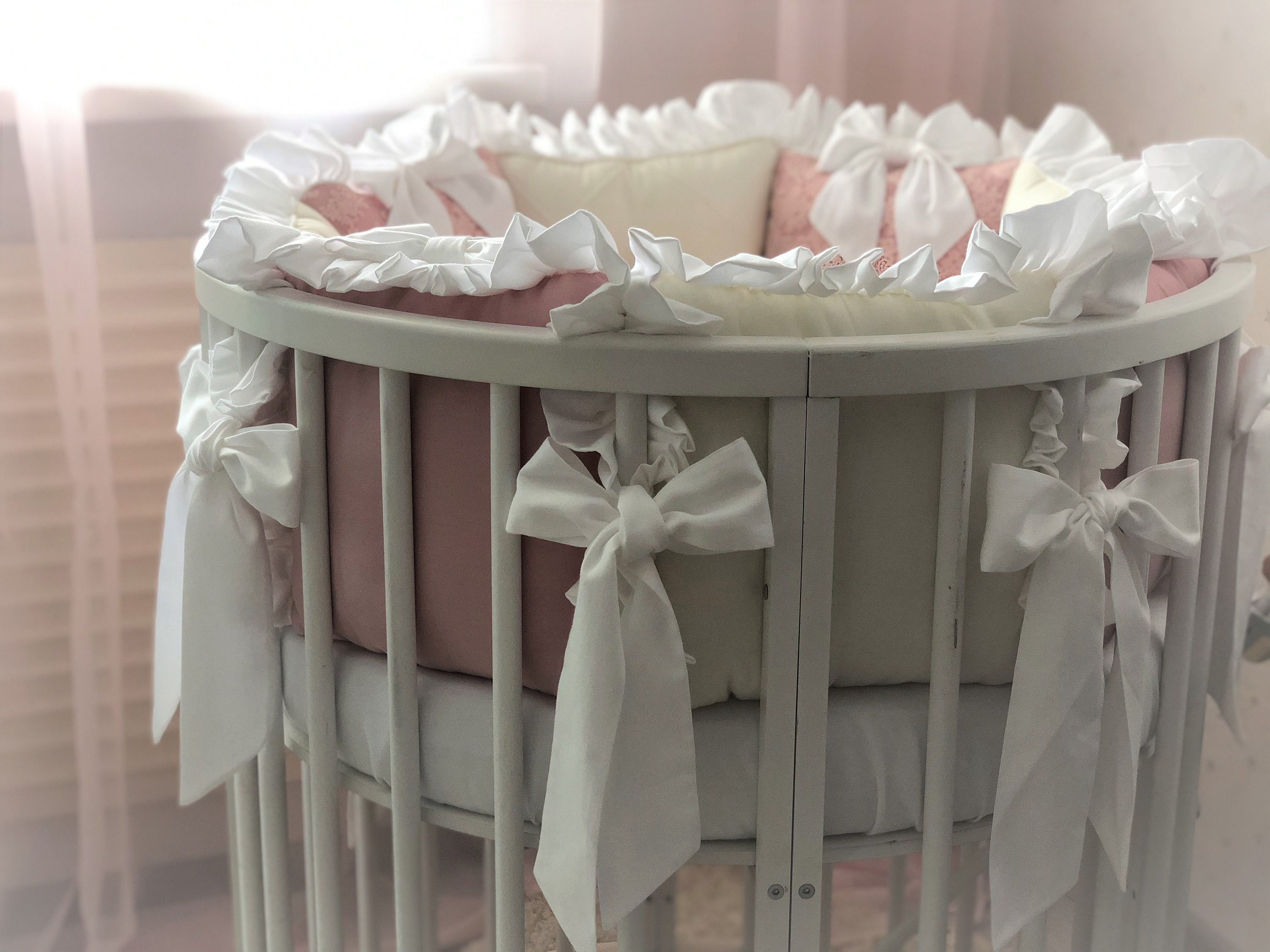 Crib bumper pads for baby girl pink and white baby bedding Etsy