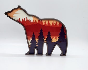 Colorful Bear Shelf Sitter: Forest Mountain Scene Wood Decor