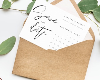 Minimalistischer Kalender Save the Date Vorlage für Canva I Bearbeitbar und anpassbar 5X7 Speichern Sie das Datum für den Druck zu Hause I Download