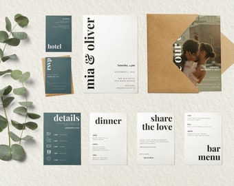 Modernes Minimales Hochzeitsvorlagen Paket für Canva - DIY anpassbar für den Druck zu Hause oder Online - Save the Date - Antwort Menü