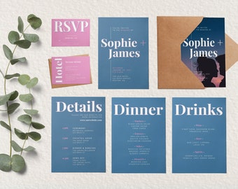 Blau & Rosa Hochzeitsvorlagen für Canva - DIY anpassbar für den Druck zu Hause oder online - Save the Date