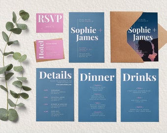 Blue & Pink Wedding Template Package for Canva  -  DIY Customizable for Printing at Home or Online  - Save the Date - RSVP