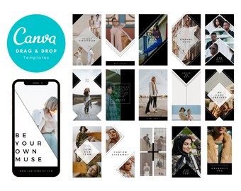 Geometric Black & White Templates for Instagram stories editable on Canva, 20 Designs