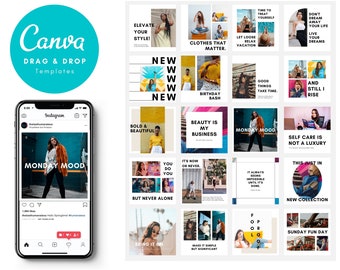 Instagram Post Templates: Bold & Bright Designs, Editable Canva (20 Designs)