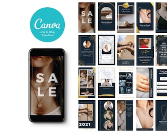 Navy & Gold Instagram templates for Instagram Stories - editable on Canva, 20 Designs
