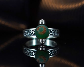 Green Gemstone Ring, Handmade Boho Jewelry, Botanical Oxidized Silver Ring, Green Tibetan Agate Ring, Girlfriend Gift, Gift For Women