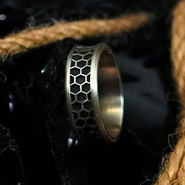 Butterfly Honeycomb Sterling Silver Wedding Ring, Unique Silver Men Wedding Jewelry, Oxidized Silver Nature Ring, Engagement Ring Band