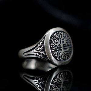 Tree Of Life Oxidized Silver Ring, Engraved Silver Signet Ring, Unisex Silver Jewelry, Stylish 925K Silver Jewelry, Unisex Gift Ideas