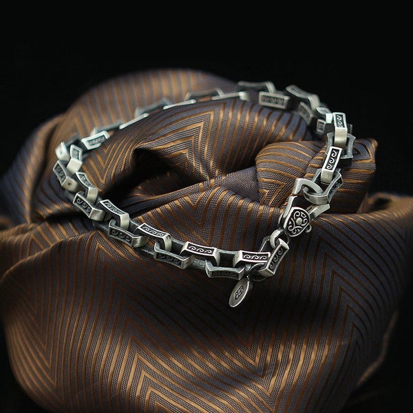 925 Silver Vintage Mens Personalized Bracelet, Drop Motifs Silver Men Minimalist Bracelet, Gothic Men's Jewelry, Birthday Bracelet, Men Gift