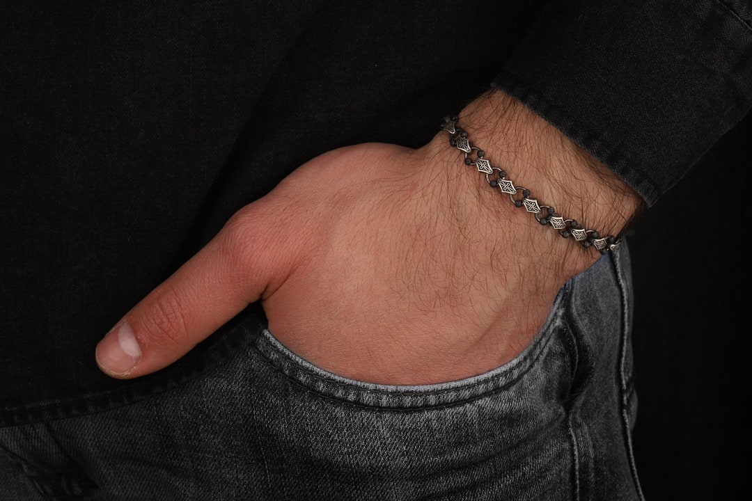 Handmade Cross Silver Chain Bracelet, Christian Men Jewelry Art, Unique