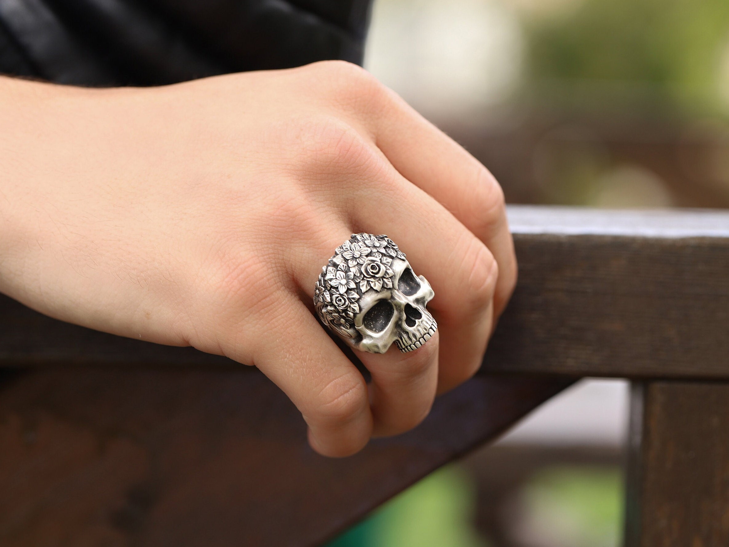 Personalized Skull Ring With Roses, Men Gift Ring, Men Biker Ring, Gothic Skeleton Ring Art, Halloween Skulls