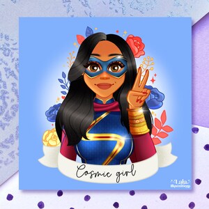 May include: A digital illustration of a woman with brown skin and long black hair wearing a blue and gold superhero costume. She is making a peace sign with her right hand and has a blue mask over her eyes. The background is a light blue with flowers and leaves in shades of red, yellow, and blue. The text "Cosmic girl" is written in white on a white banner at the bottom of the image.
