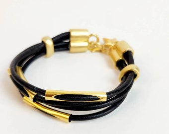 statement bracelet, Black Genuine leather bracelet, contemporary bracelet, bangle bracelet, Chunky bracelet for her
