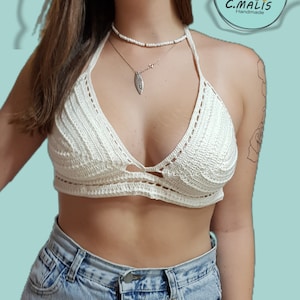 Off white Crochet bikini bottom, Boho Crochet Halter, Handmade Bride Crop Top, Knitted bikini top