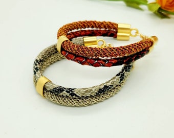 Orange crochet bracelet, Statement cord bracelet, Knitted handmade bracelet, Faux leather, Rope bracelet for women, crochet bracelet