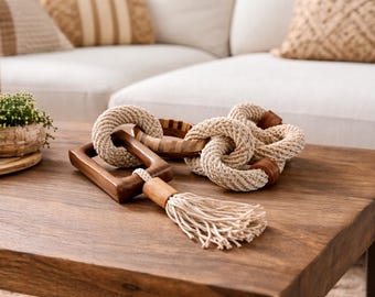 Decoración de cadena de cuerda de algodón con anillo de madera, estilo bohemio neutro para mesa.