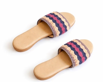 Handmade Crochet Slides, Boho Summer Sandals, Leather Sole Slippers