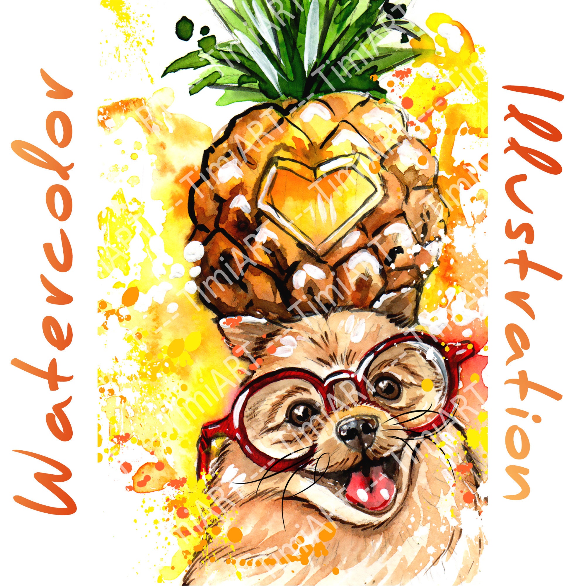 Funny Dog with Pineapple Watercolor illustration FiIe Etsy