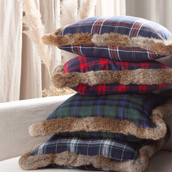 Housse de coussin tartan avec fourrures, housse de coussin d'hiver et d'automne pour canapé, housse de coussin à carreaux teints en fil, housse de coussin de Noël 45,7 x 45,7 cm