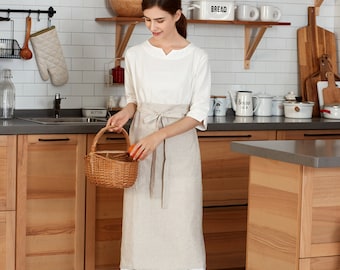 Linen Half Apron, Midi Cafe Apron, Half Apron with Pockets, Unisex Half Waist Apron, Chef Apron, Linen Kitchen Apron, Chef Apron