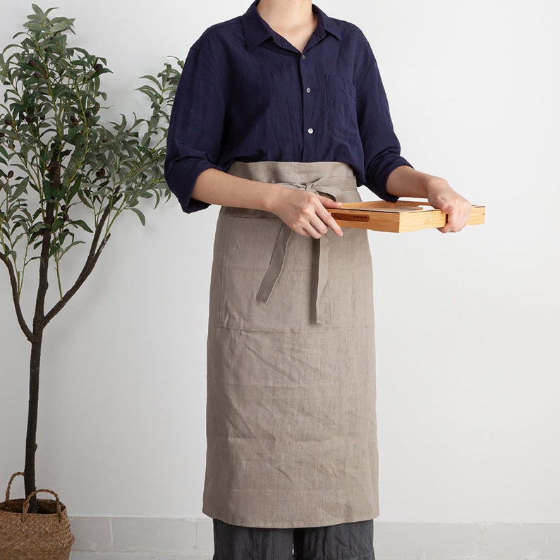 Linen Half Apron, Midi Cafe Apron, Half Apron with Pockets, Unisex Half Waist Apron, Chef Apron, Linen Kitchen Apron, Chef Apron image 7