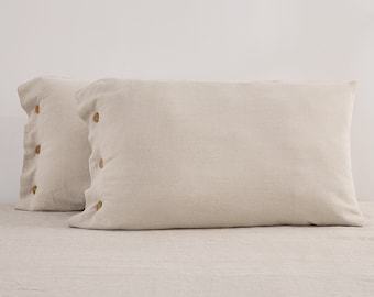 Linen Pillow Cases Set of 2, Bed Linen Cotton Blend Farmhouse Netural, Pillow Sham Coconut Button Closure Cooling Breathable Pillow Cover