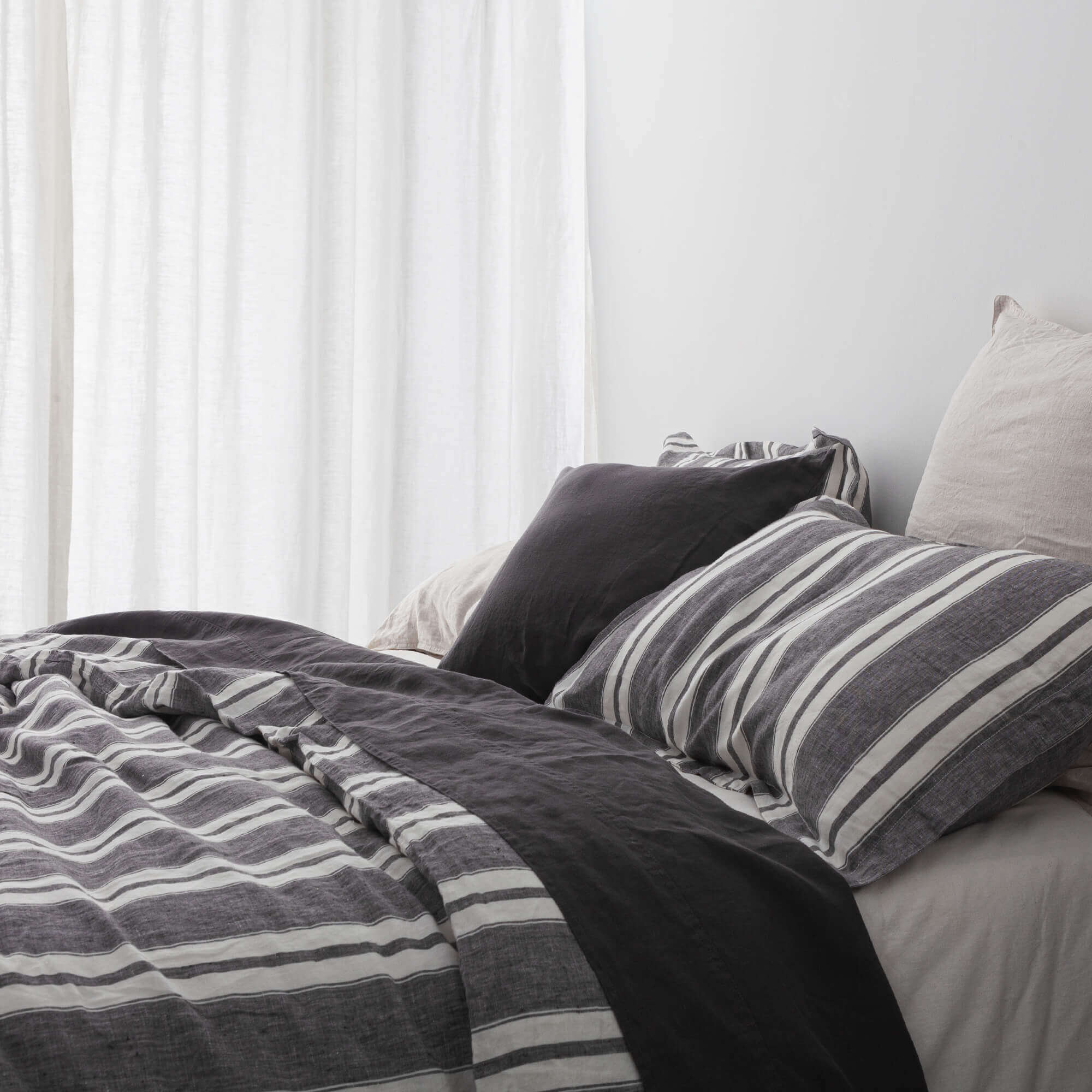 Stripe LINEN Duvet Cover Set in Charcoal Gray and White Queen Etsy