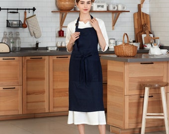 Linen Personalized Apron for Women, Linen Pinafore Kitchen Gardening Aprons for Gifts, Washed Linen Bib Apron Dress With Front Pockets, Blue