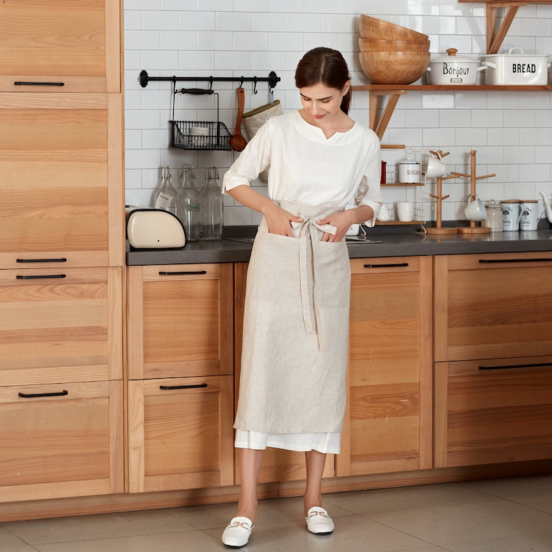 Linen Half Apron, Midi Cafe Apron, Half Apron with Pockets, Unisex Half Waist Apron, Chef Apron, Linen Kitchen Apron, Chef Apron image 3