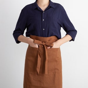 Halbe Schürze aus 100% Leinen, Gartenschürze mit Taschen, Vintage-Schürze für Frauen, Café-Küche Personalisierte Schürze für Geschenk, Braun