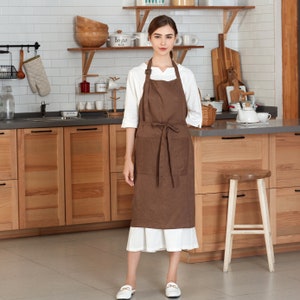 Linen Gardening Aprons, Aprons for Women Personalized, Kitchen Cooking Aprons for Gifts, Washed Apron Dress with Adjustable Buckle, Tobacco