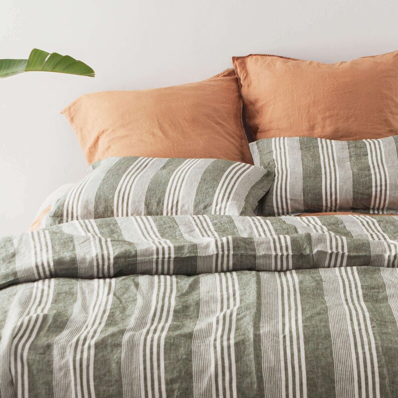 Yarn Dyed Linen Duvet Cover Green Stripe LINEN Duvet Cover Etsy