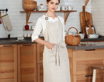 Linen Apron Mothers Day Gift for Her, Adjustable Linen Apron with Front Pockets, Apron for Women, Full Apron for Cooking, Gardening, Natural