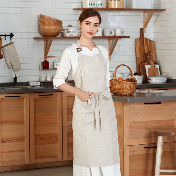 Linen Apron Mothers Day Gift for Her, Adjustable Linen Apron with Front Pockets, Apron for Women, Full Apron for Cooking, Gardening, Natural