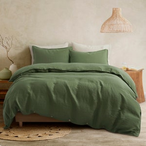 Literie 100 % lin, Parure de lit en lin, Ensembles housse de couette, Housse de couette grand lit, Ensemble housse de couette douce, Lin français naturel lavé, Naturel Green