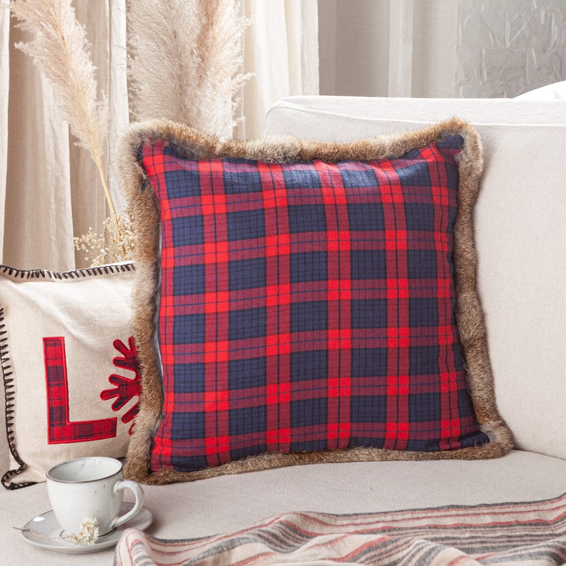 Tartan Pillow Cover with Furs Winter Fall Throw Pillow Cover Etsy