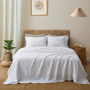 Linen Bedding Sheet Set, 100% Organic Natural Linen Bedding Set, Queen 1 Top Sheet and 1 Fitted Sheet and 2 Envelope Pillowcases, White