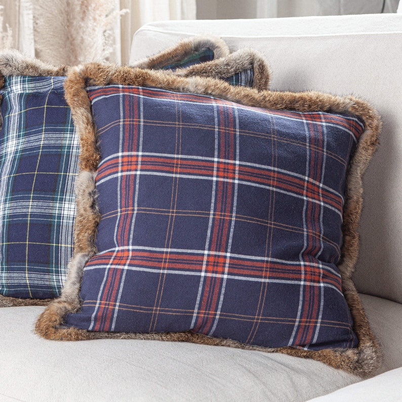 Tartan Pillow Cover with Furs Winter Fall Throw Pillow Cover Etsy