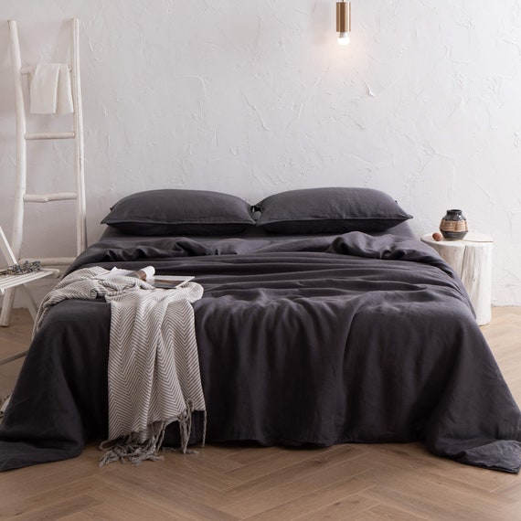 Linen Duvet Cover Set In Dark Grey Washed Super Soft 3pcs Australia Linen Duvet Cover Set In Dark Grey, Dark Grey King Size Bed Set