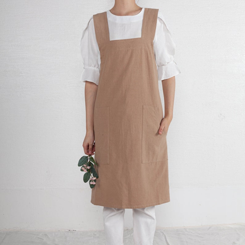 Linen Apron No Tie Apron Linen Pinafore Japanese Style Etsy
