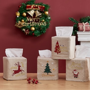 Christmas Tissue Box Cover,Linen Square Lovely Tissue Box Cover,Tissue Cover Box Embroidered Gifts, Christmas Decor for Bathroom Living room