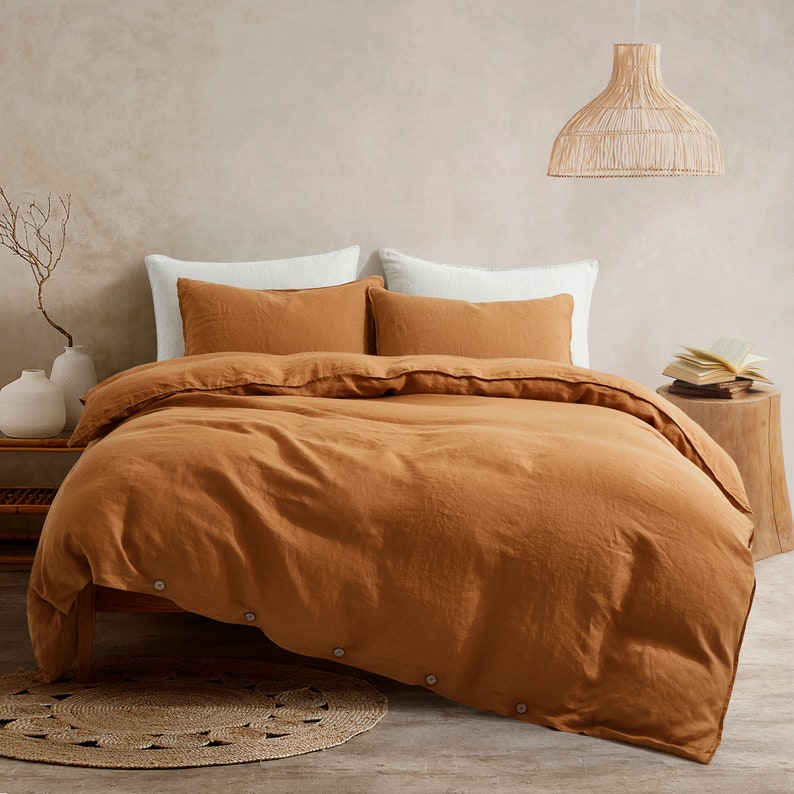 Literie 100 % lin, Parure de lit en lin, Ensembles housse de couette, Housse de couette grand lit, Ensemble housse de couette douce, Lin français naturel lavé, Naturel Rust