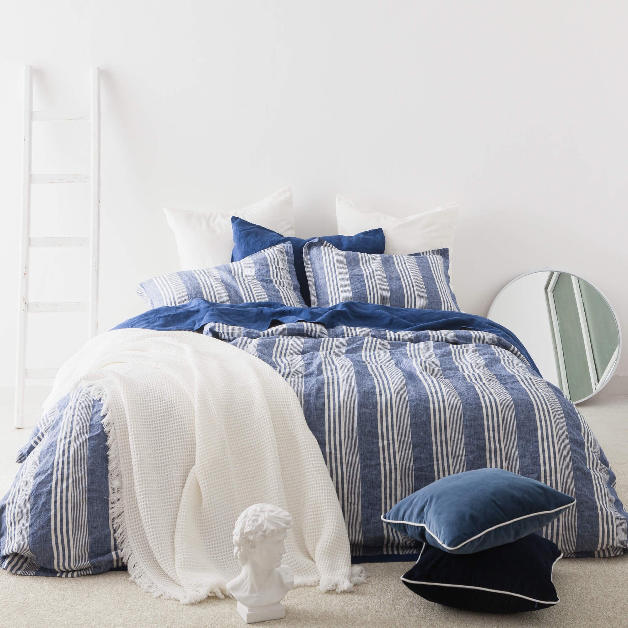 Stripe 100% Linen Duvet Cover Set in Navy Blue and White Yarn | Etsy