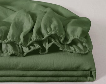 100% Linen Fitted Sheet, Linen Bedding Fitted Sheet Cozy, Linen Fitted Sheet King Queen Size,Linen Bedding by Stone Washed Super Soft, Green