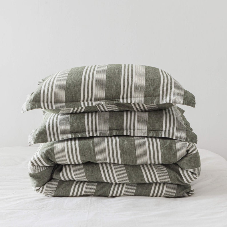 Yarn Dyed Linen Duvet Cover Green Stripe LINEN Duvet Cover Etsy