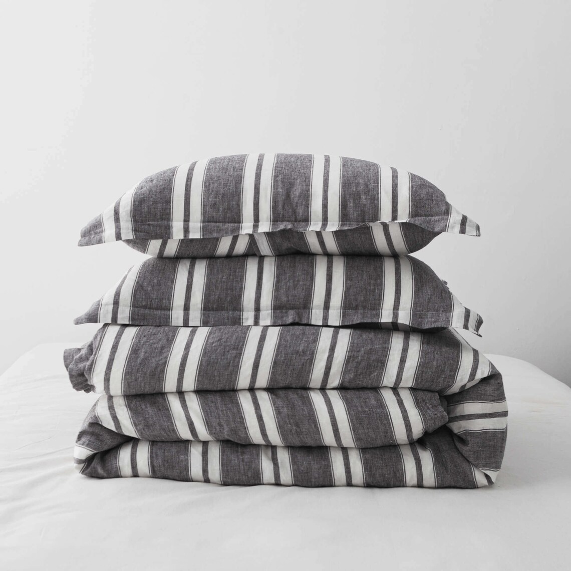 Stripe LINEN Duvet Cover Set in Charcoal Gray and White Queen Etsy