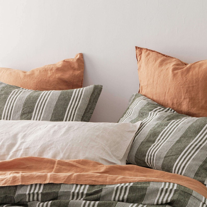 Yarn Dyed Linen Duvet Cover Green Stripe LINEN Duvet Cover Etsy