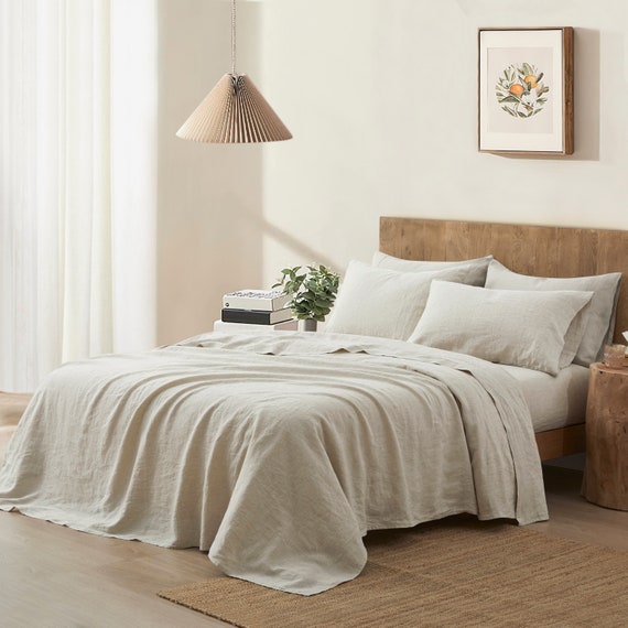 Linen Sheet Set Natural, Linen Bedding Sheet Set Deep Pocket 4 Pieces Washed Organic European for Bedroom, 100% Flax Linen Full Queen King