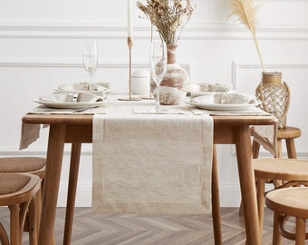 Camino de mesa de lino, decoración de cocina de fiesta de boda de mesa, tela de mesa de lino, decoración del hogar de mantel, artesanía de vainica de camino de mesa de lino, natural