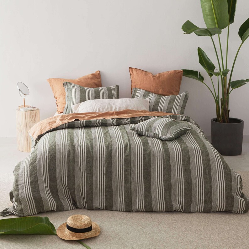 Yarn Dyed Linen Duvet Cover Green Stripe LINEN Duvet Cover Etsy
